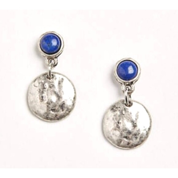 J. Jill Post Drop Earrings Indigo Blue Skies Bead Hammered Disk Silver Tone NWT - Picture 3 of 7